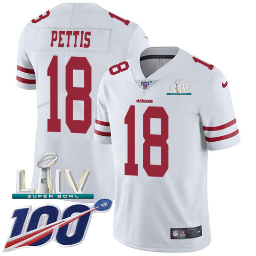 San Francisco 49ers Nike #18 Dante Pettis White Super Bowl LIV 2020 Men Stitched NFL 100th Season Vapor Limited Jersey->youth nfl jersey->Youth Jersey